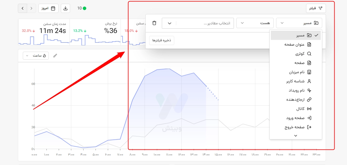 فیلتر گزارشها در داشبورد اصلی آنالیز وب