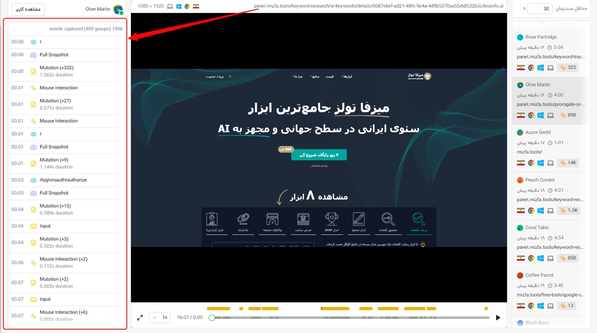 تایملاین تعاملات کاربر در سشن ریپلای در آنالیز وب